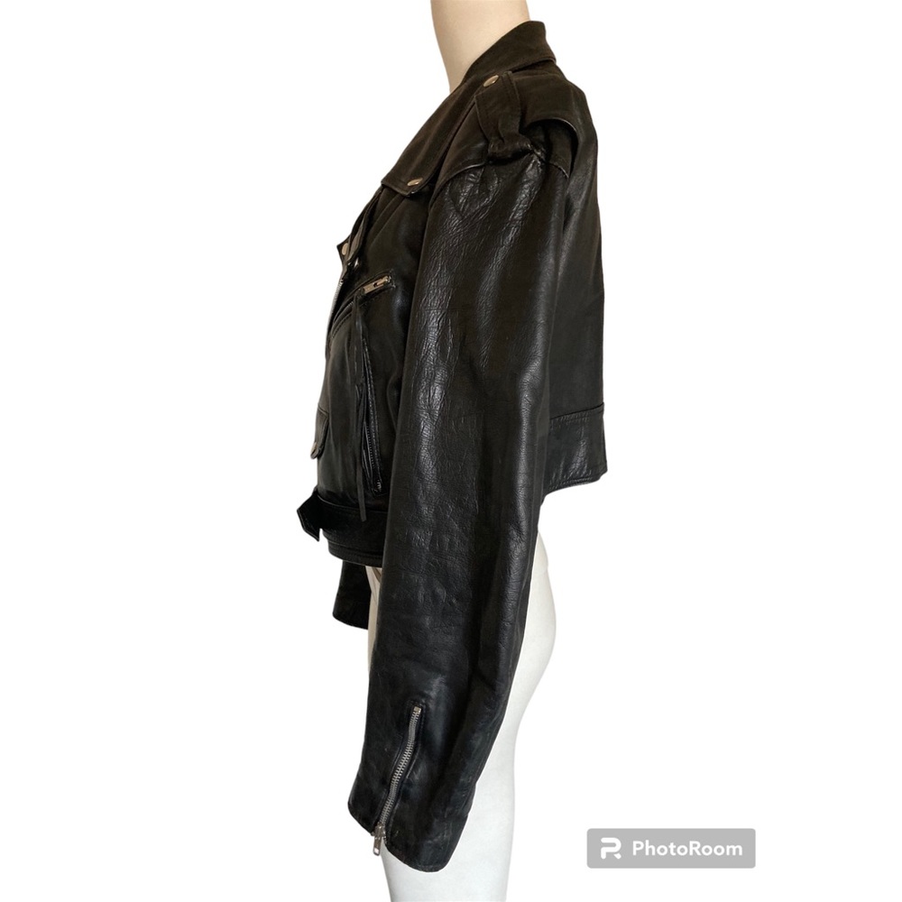 Vintage 80’s Distressed LONDON BLE Black Leather Cropped Motorcycle Jacket Sz XL - Picture 5 of 12